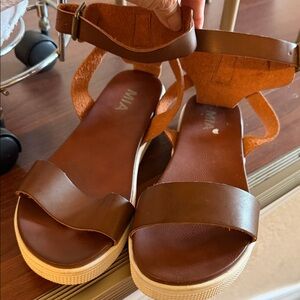 MIA Tan Brown Leather Ankle-Strap Platform Sandals